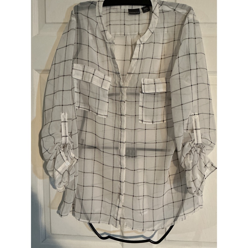 Covington Medium White Black Windowpane Plaid Sheer Roll Tab‎ Sleeve Blouse